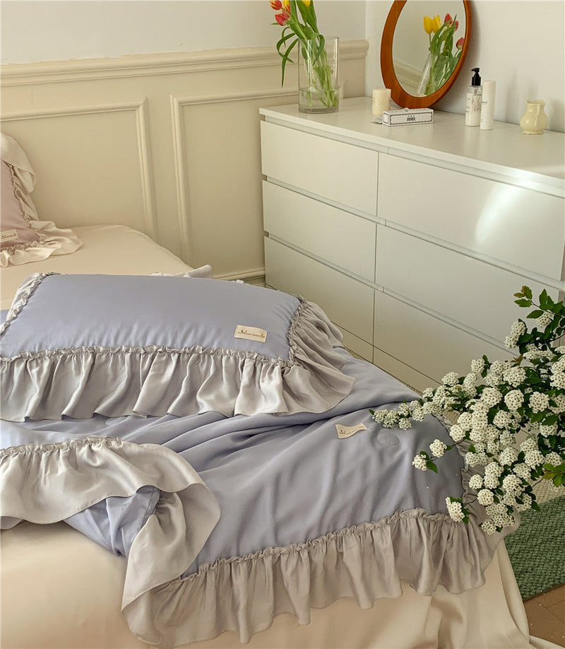 French Aesthetic Silky Satin Ruffle Bedding Set