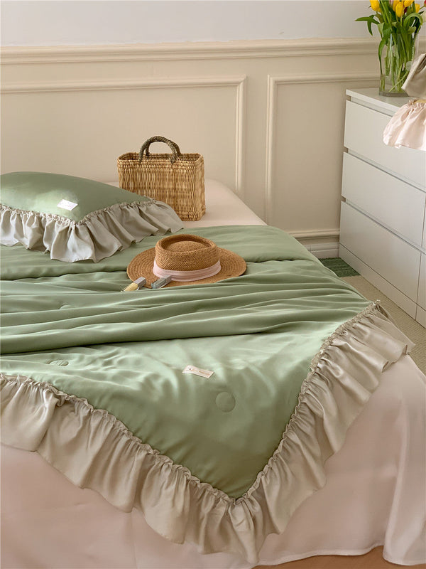 French Aesthetic Silky Satin Ruffle Bedding Set