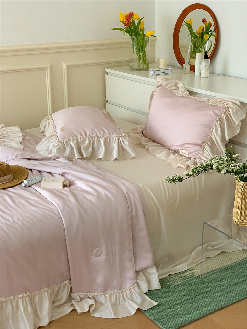 French Aesthetic Silky Satin Ruffle Bedding Set