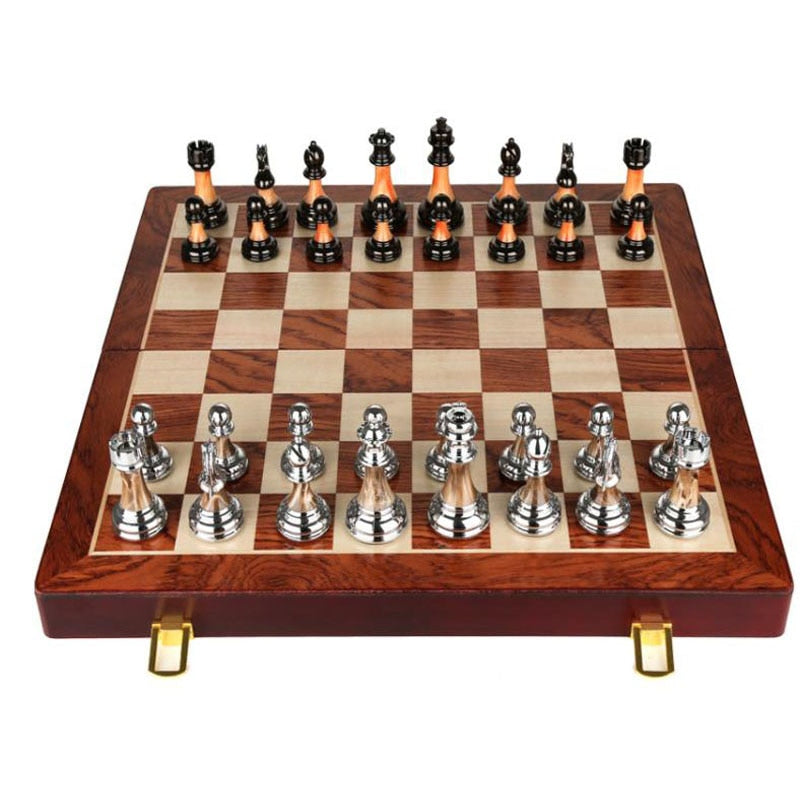 Luxury Metal Chess Set with Large 45CM Wooden Board