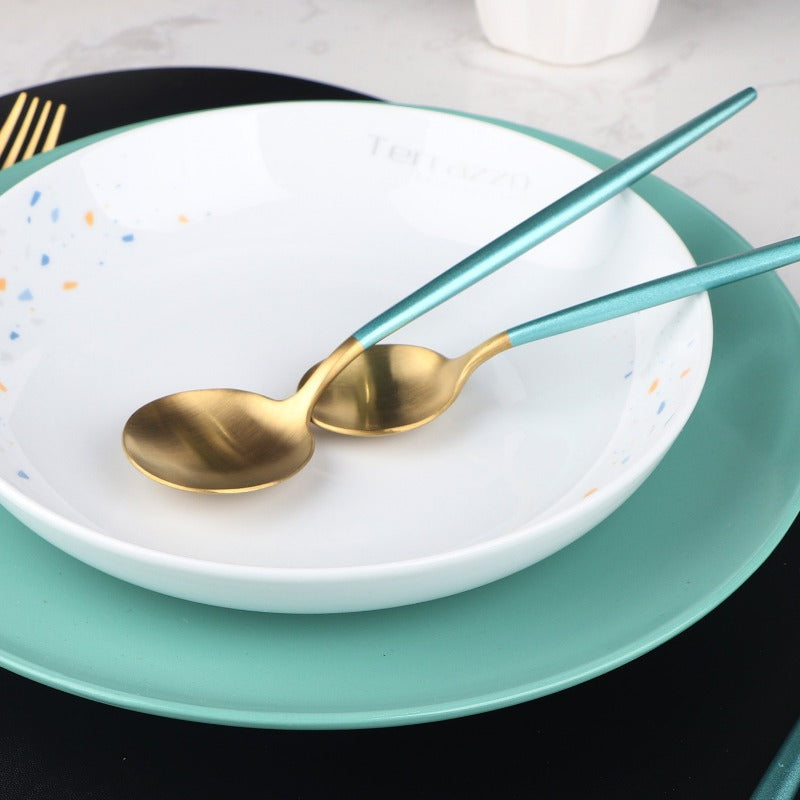 Matte Gold and Turquoise 24-Piece Flatware Cutlery Set