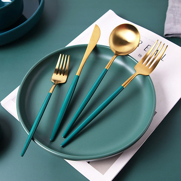 Matte Gold and Green 24-Piece Flatware Cutlery Set