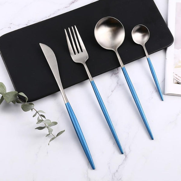 Matte Silver and Sky Blue 24-Piece Flatware Cutlery Set