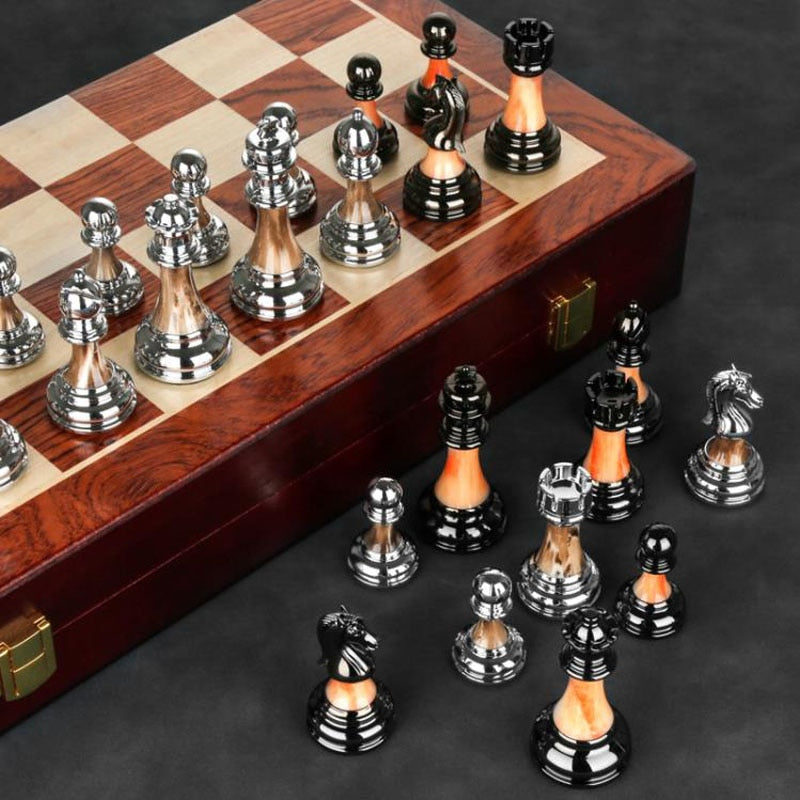 Luxury Metal Chess Set with Large 45CM Wooden Board