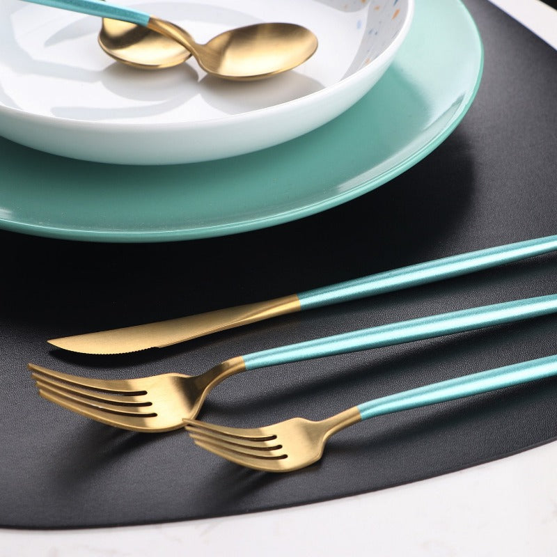 Matte Gold and Turquoise 24-Piece Flatware Cutlery Set