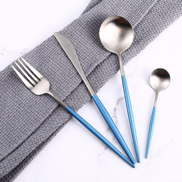 Matte Silver and Sky Blue 24-Piece Flatware Cutlery Set