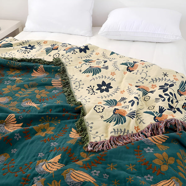 Boho Blanket - Reversible embroidered cotton blanket with birds and flowers