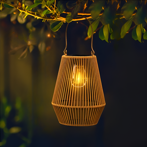 CageRattan Solar Lights Garden - Bamboo Solar Lights - Waterproof Hanging Lantern