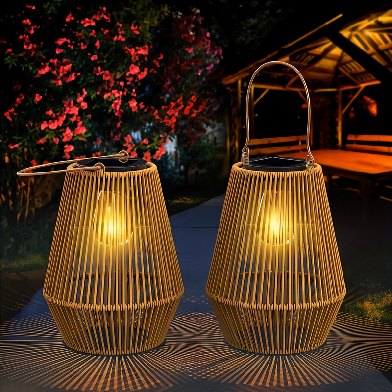 CageRattan Solar Lights Garden - Bamboo Solar Lights - Waterproof Hanging Lantern