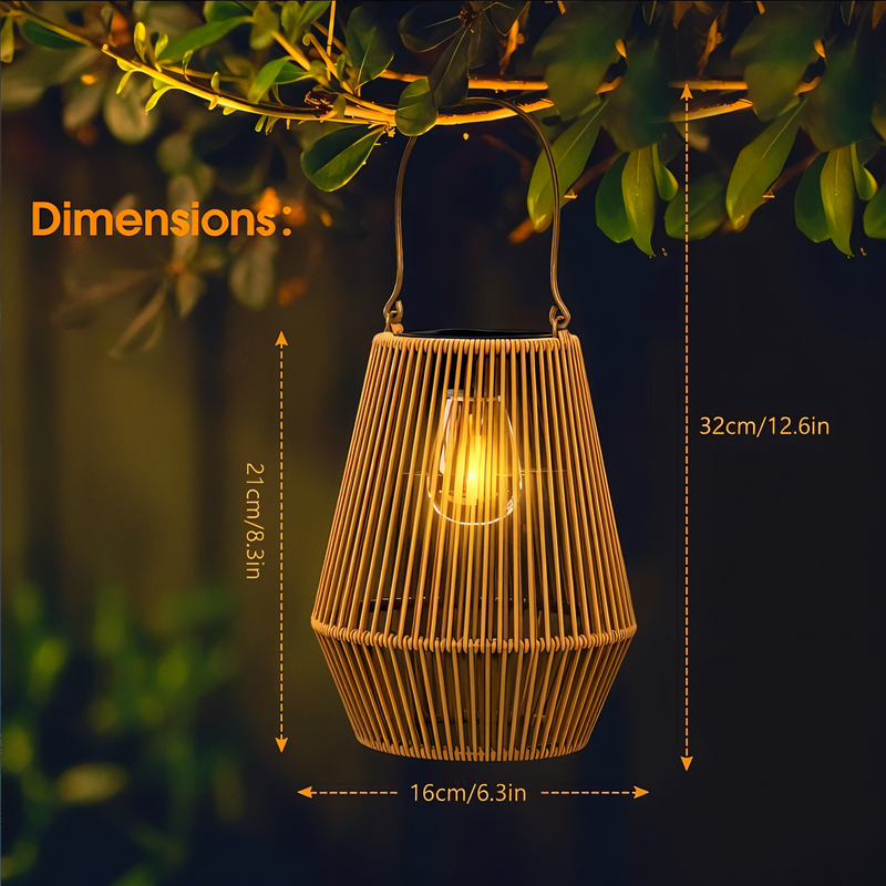 CageRattan Solar Lights Garden - Bamboo Solar Lights - Waterproof Hanging Lantern