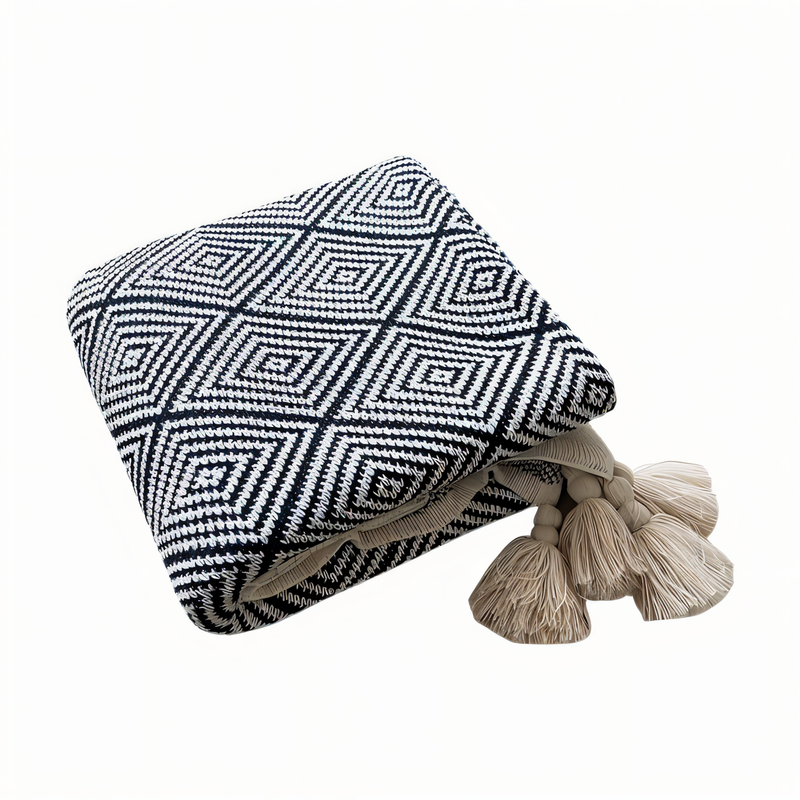 DecoDiamond Plaid - Black White Geometric Polyester Fleece Blanket