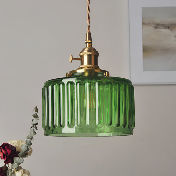 GlamourGlass Pendant Light - Vintage Green Hanging Lamp - Cylindrical Light