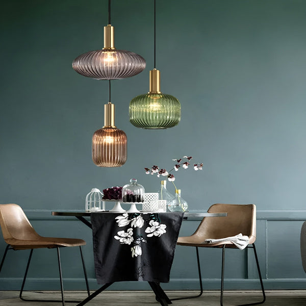 HuedRibbed Pendant Light - Striped Vintage Glass Chandelier