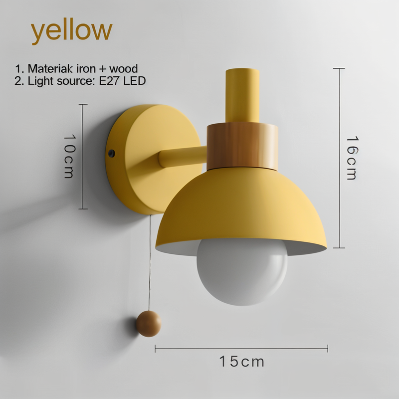 PastelPop WallLight - Wood Macaron Iron Wall Sconce with Pull Switch