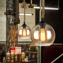 Rustic OrbLight - Rope Glass Ball Pendant Light - Vintage Hanging Lamp