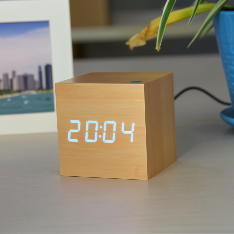 Digital LED Alarm Cube Clock – Bamboo & Wood Modern Design for Home & Office