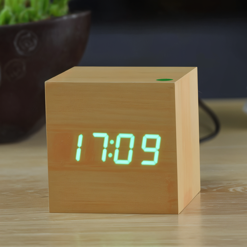 Digital LED Alarm Cube Clock – Bamboo & Wood Modern Design for Home & Office