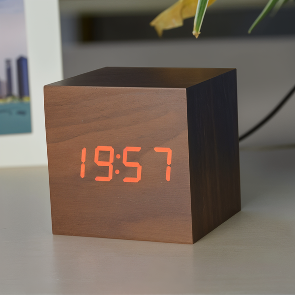 Digital LED Alarm Clock - Cube Clock - Wooden Clock