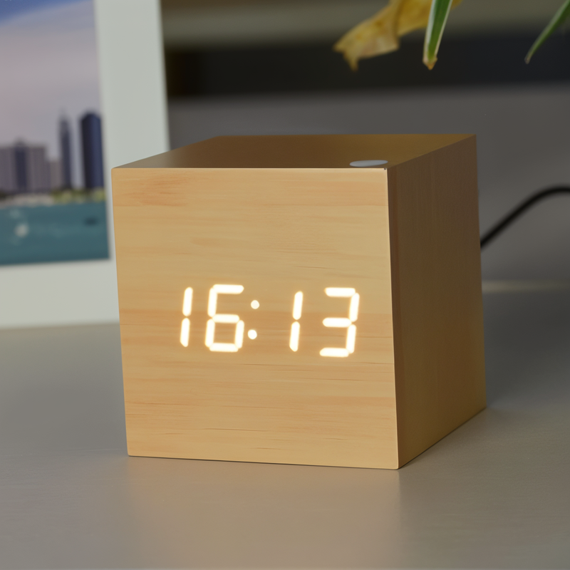 Digital LED Alarm Cube Clock – Bamboo & Wood Modern Design for Home & Office