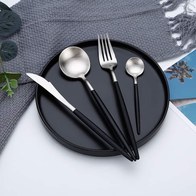 Matte Silver and Black 24-Piece Flatware Cutlery Set