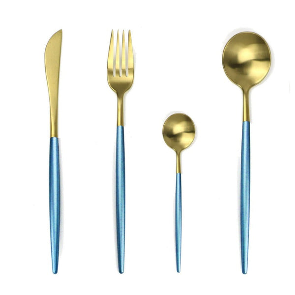 Matte Gold and Sky Blue 24-Piece Flatware Cutlery Set