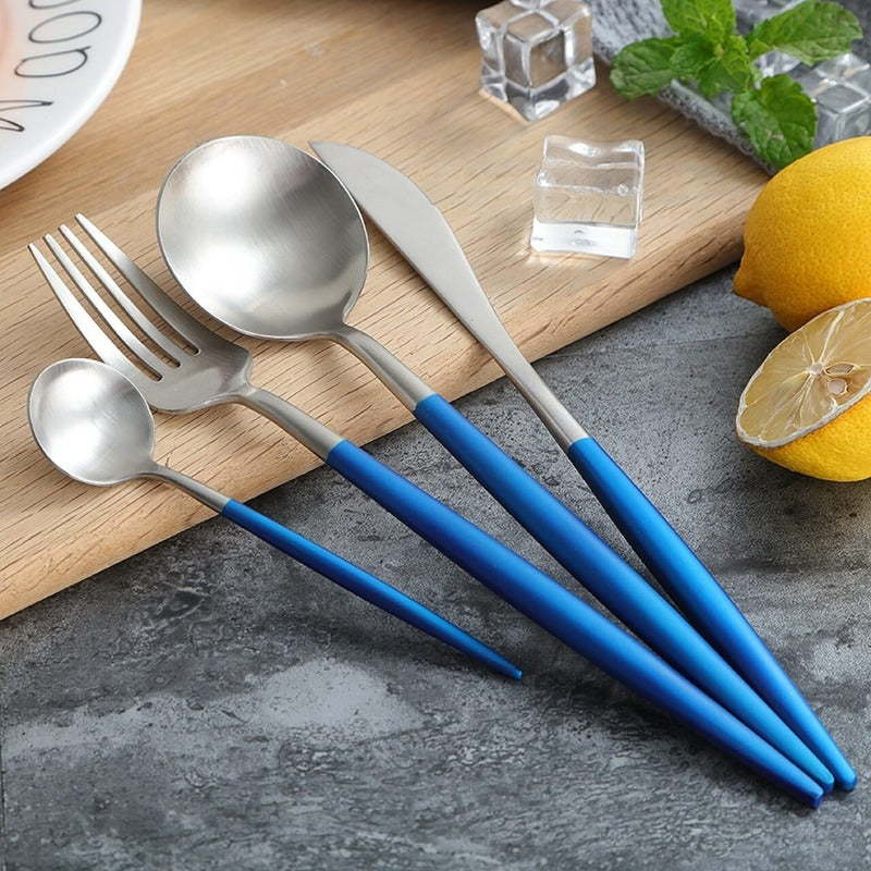 Matte Silver and Blue 24-Piece Flatware Cutlery Set