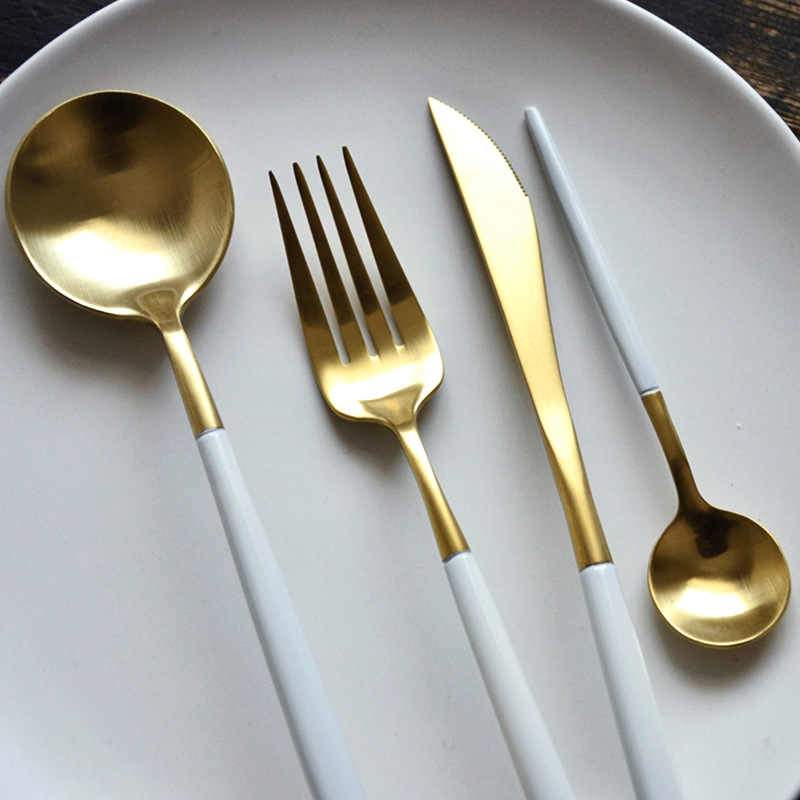 Matte Gold and White 24-Piece Flatware Cutlery Set