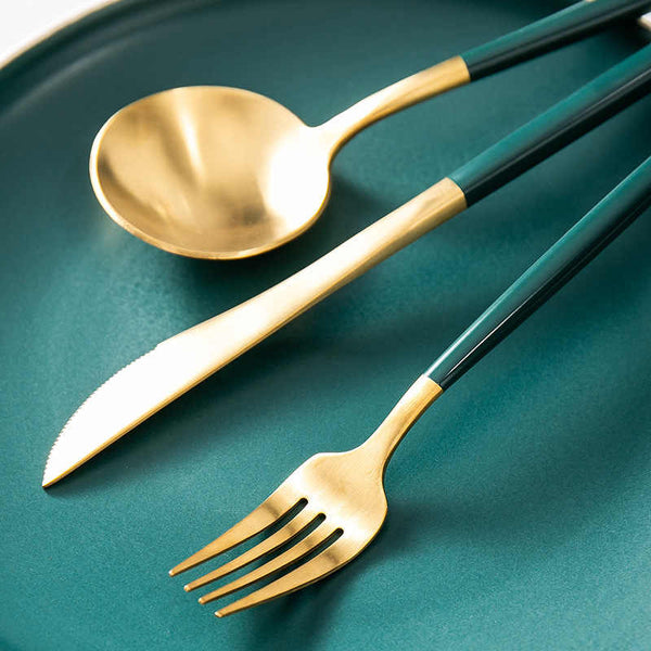 Matte Gold and Green 24-Piece Flatware Cutlery Set