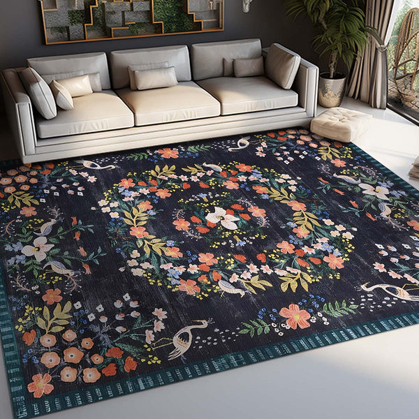 Retro Boho Bird Floral Rug Carpet Large Area Living Room Balcony