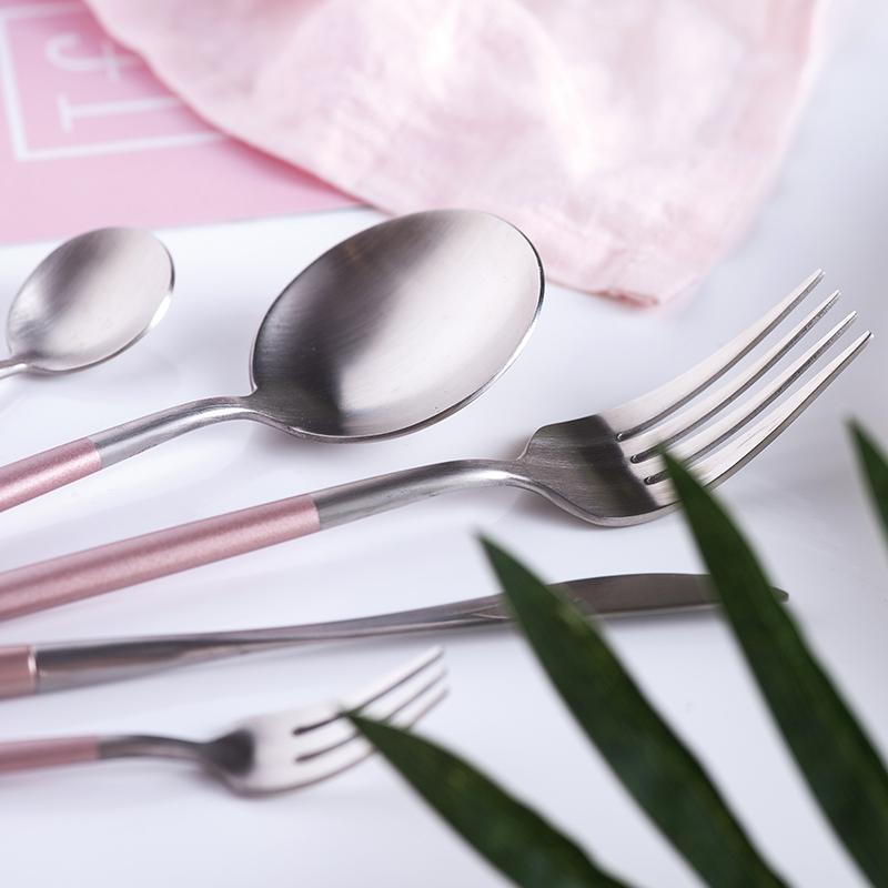 Matte Silver and Pink 24-Piece Flatware Cutlery Set