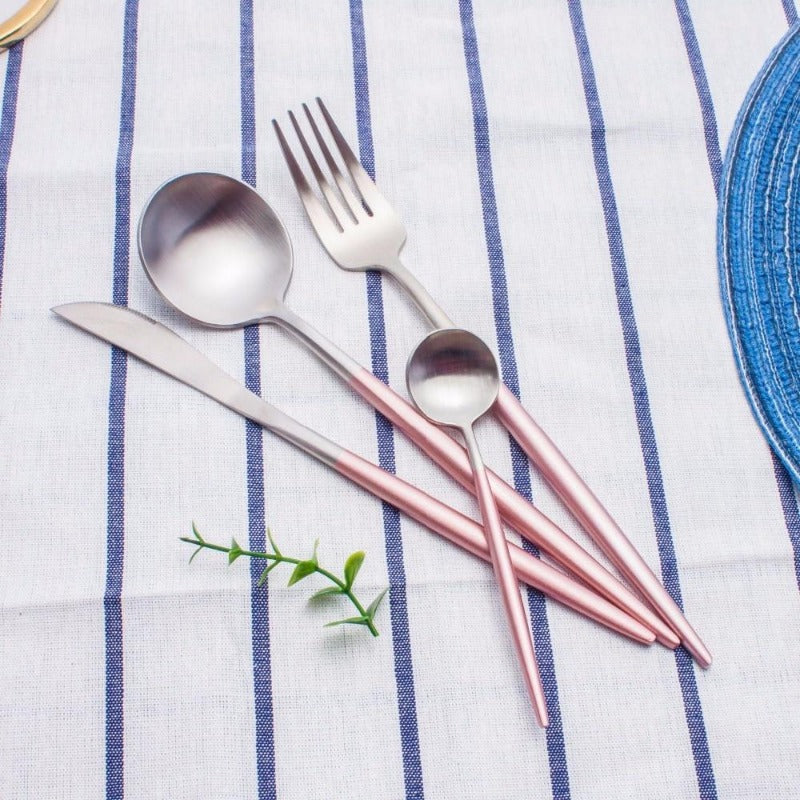 Matte Silver and Pink 24-Piece Flatware Cutlery Set