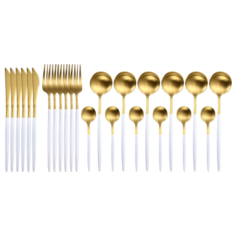 Matte Gold and White 24-Piece Flatware Cutlery Set