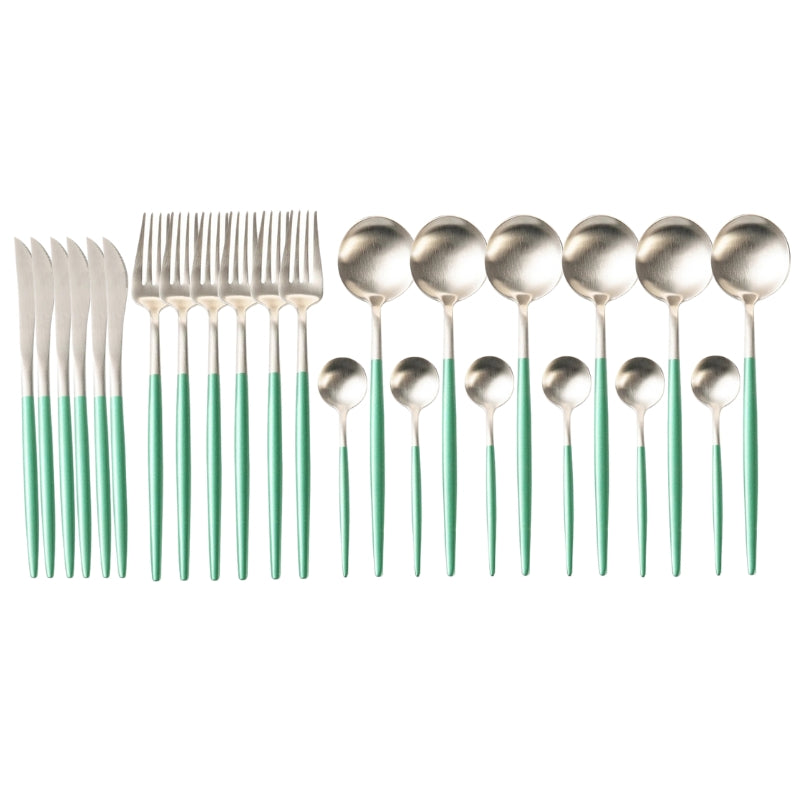 Matte Silver and Turquoise 24-Piece Flatware Cutlery Set