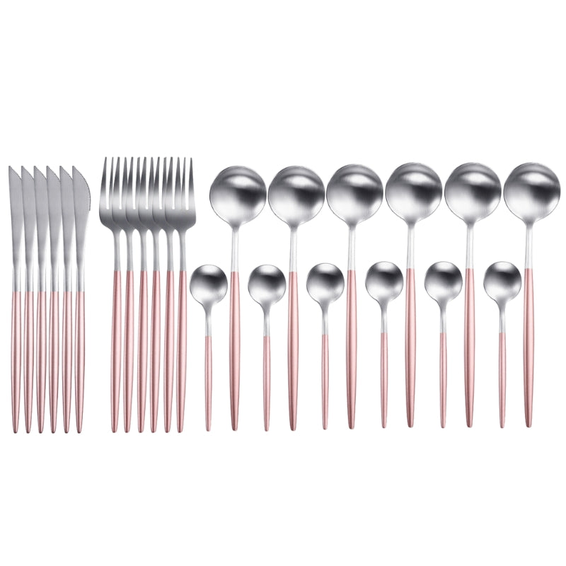 Matte Silver and Pink 24-Piece Flatware Cutlery Set