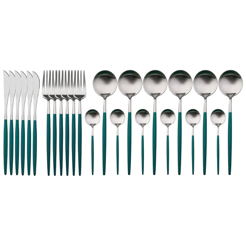 Matte Silver and Green 24-Piece Flatware Cutlery Set