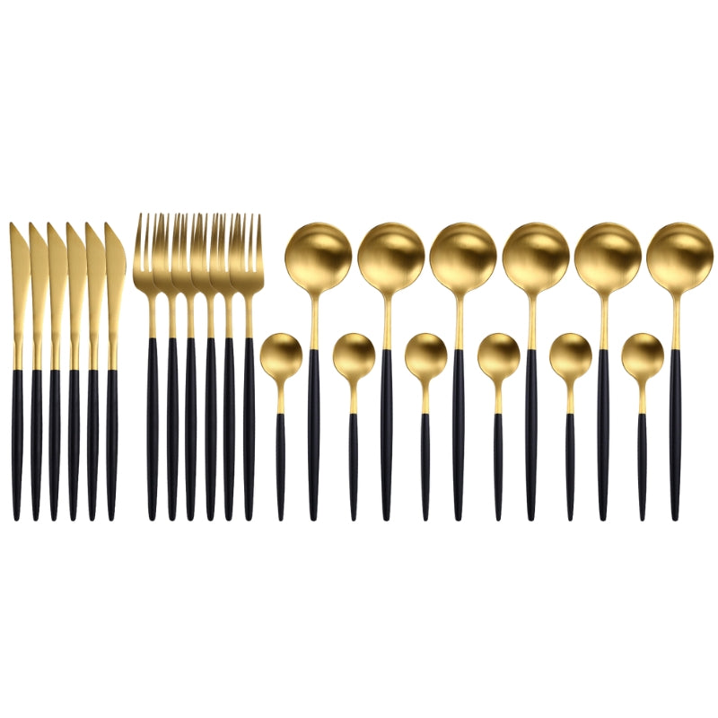 Matte Gold and Black 24-Piece Flatware Cutlery Set