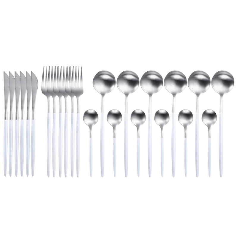 Matte Silver and White 24-Piece Flatware Cutlery Set