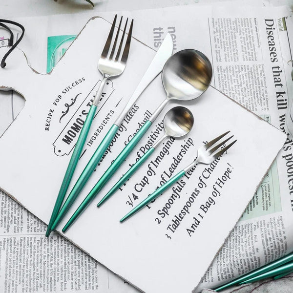 Matte Silver and Turquoise 24-Piece Flatware Cutlery Set