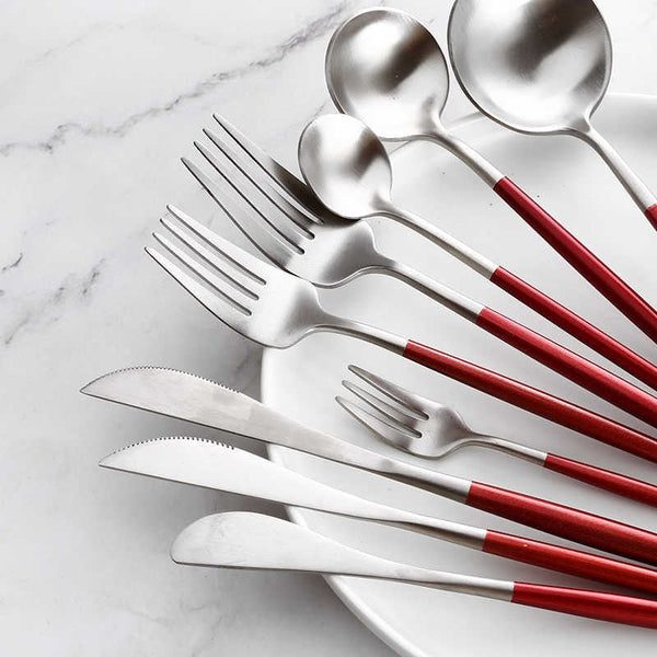 Matte Silver and Red 24-Piece Flatware Cutlery Set