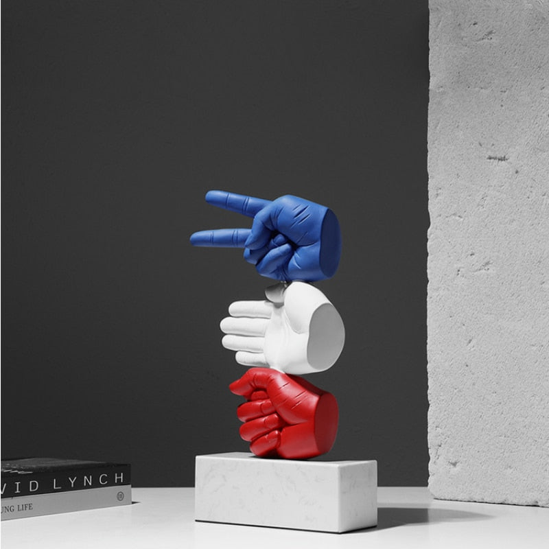 Rock Paper Scissor Designer Hand-Crafted Sculpture with Weighted Stand