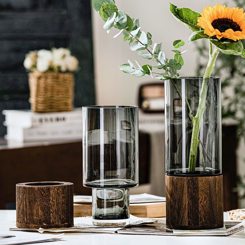 Solid Wood Base Transparent Glass Vase – Elegant Flower Holder for Home Decor, Minimalist Clear Glass Vase with Wooden Stand