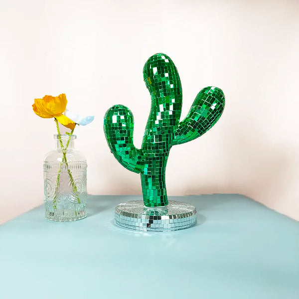 Disco Ball Cactus Ornament – Sparkling Glass & Stainless Steel Home Decor