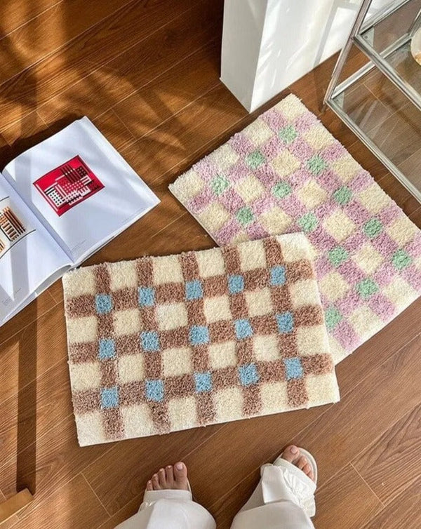 Pastel Tone Checkerboard Bedside Rug