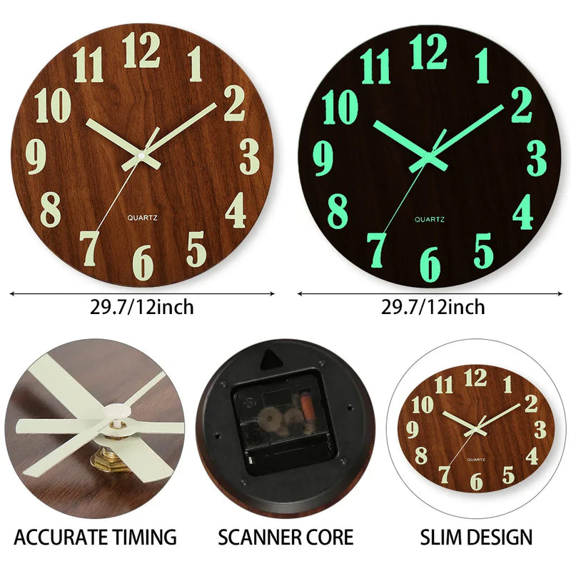 Silent Wooden Luminous Wall Clock