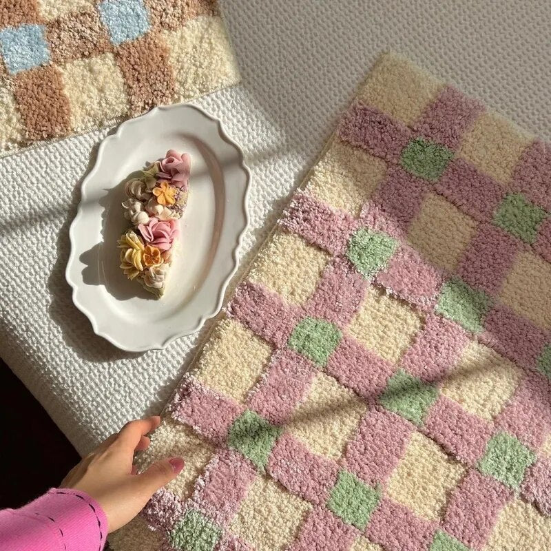 Pastel Tone Checkerboard Bedside Rug