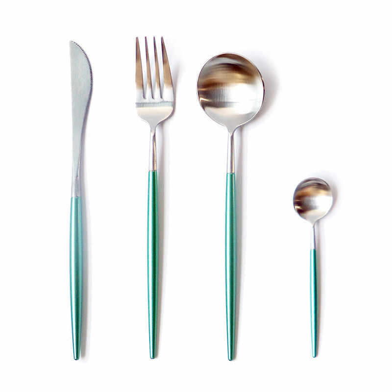 Matte Silver and Turquoise 24-Piece Flatware Cutlery Set