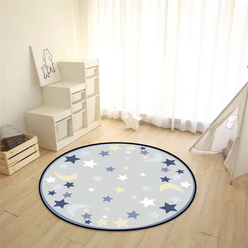 Children's Star & Moon Round Non-Slip Velvet Rug - Modern Nursery & Kids Room Carpet Mat