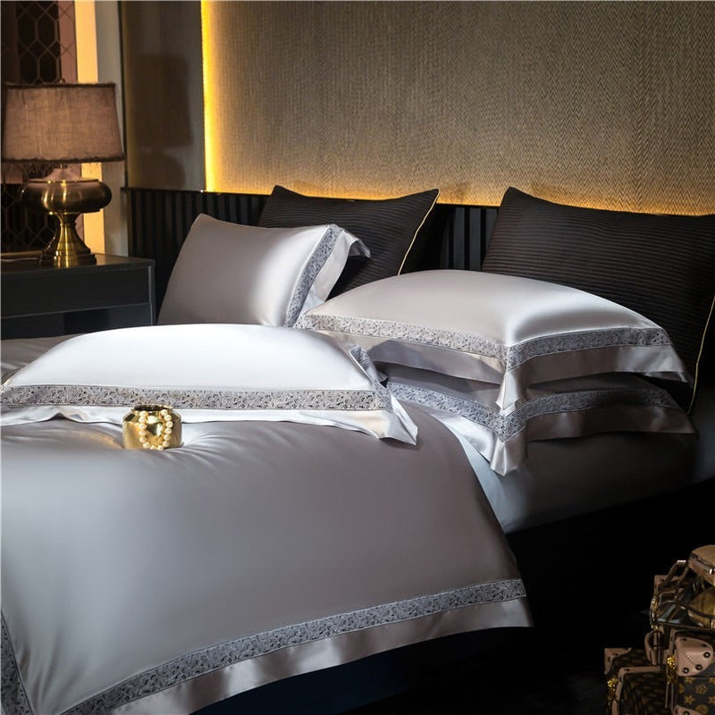 Miravique Silver Modern Satin Egyptian Cotton Bedding Set