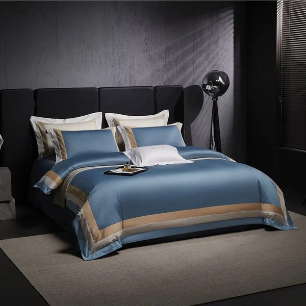 Miravique Blue Stripe Egyptian Cotton Bedding Set