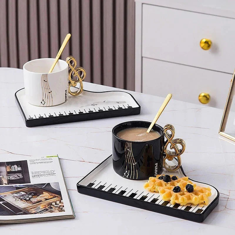 Ceramic Black and White Piano Coffee Cup & Saucer Set